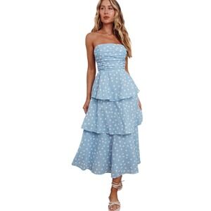 Indikah Lorcan strapless ruffle dotted midi white blue dress tie back tiered XL